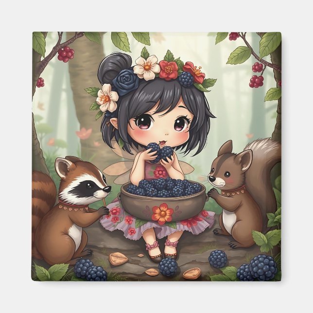 Chibi Fairy Eating Blackberries with Forest Friend Magnet (Front)