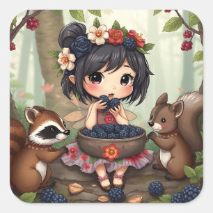 Chibi Fairy Eating Blackberries with Forest Friend Square Sticker