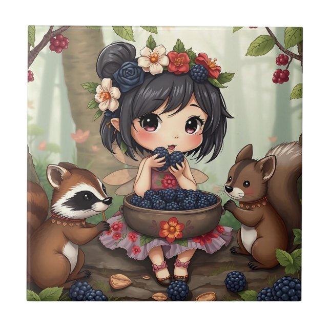 Chibi Fairy Eating Blackberries with Forest Friend Tile (Front)