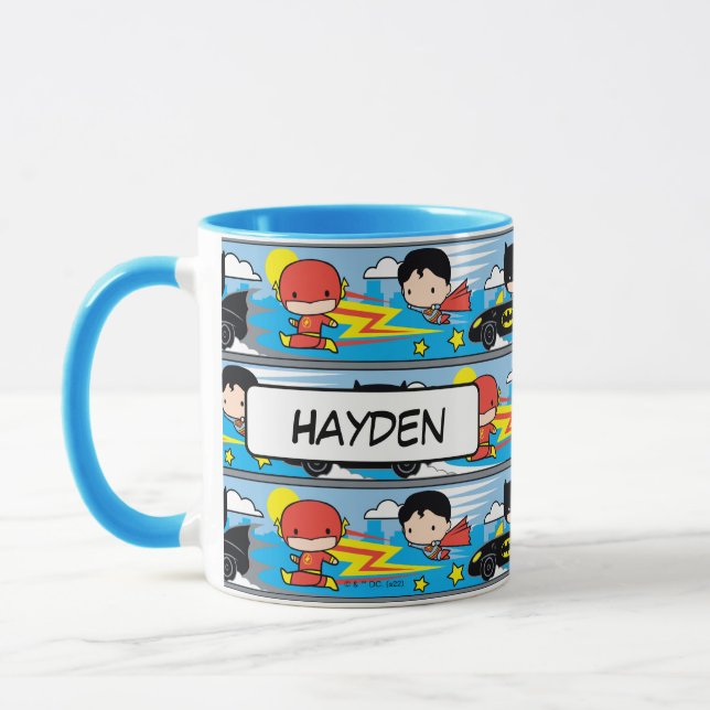 Chibi Flash, Superman, and Batman Racing Pattern Mug (Left)