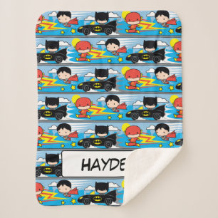 Chibi Flash, Superman, and Batman Racing Pattern Sherpa Blanket