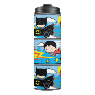 Chibi Flash, Superman, and Batman Racing Pattern Thermal Tumbler