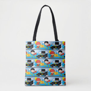 Chibi Flash, Superman, and Batman Racing Pattern Tote Bag