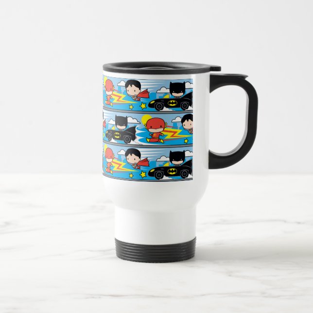 Chibi Flash, Superman, and Batman Racing Pattern Travel Mug (Right)