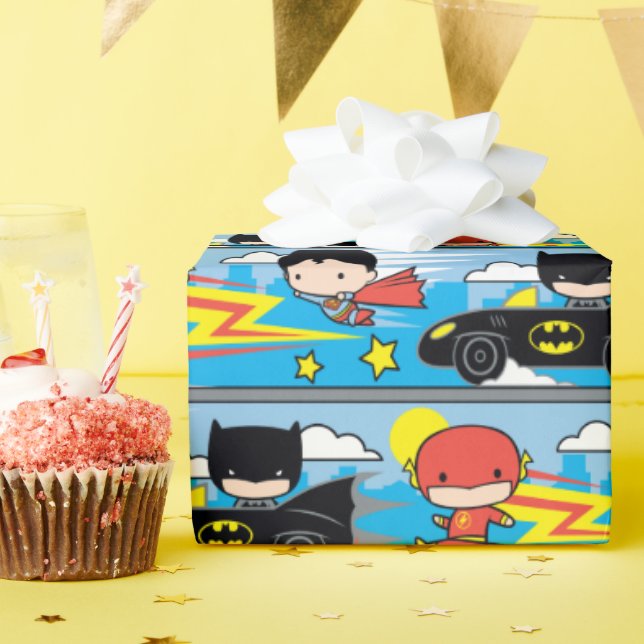Chibi Flash, Superman, and Batman Racing Pattern Wrapping Paper (Birthday Party)