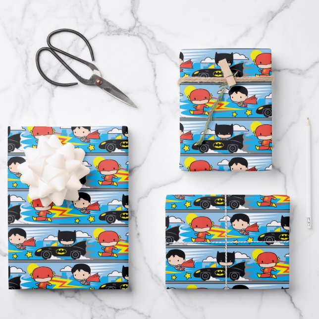 Chibi Flash, Superman, and Batman Racing Pattern Wrapping Paper Sheet (Front)