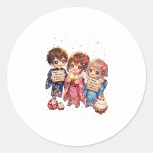 • Chibi Friends in Kimonos Holding New Year Signs Classic Round Sticker