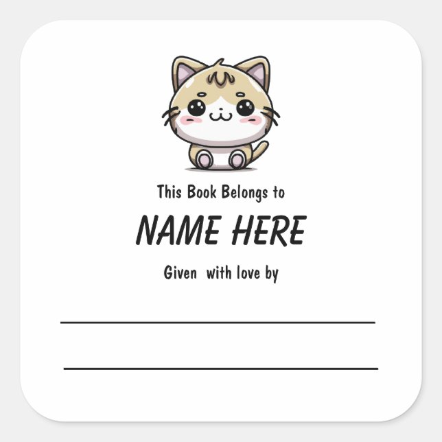 Chibi Ginger Cat Children's Bookplate With Message Square Sticker (Front)