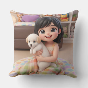 Chibi Girl Hugging White Puppy Dog Throw Pillow