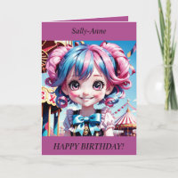 Chibi Girl pink/blue hair smiling Birthday Card