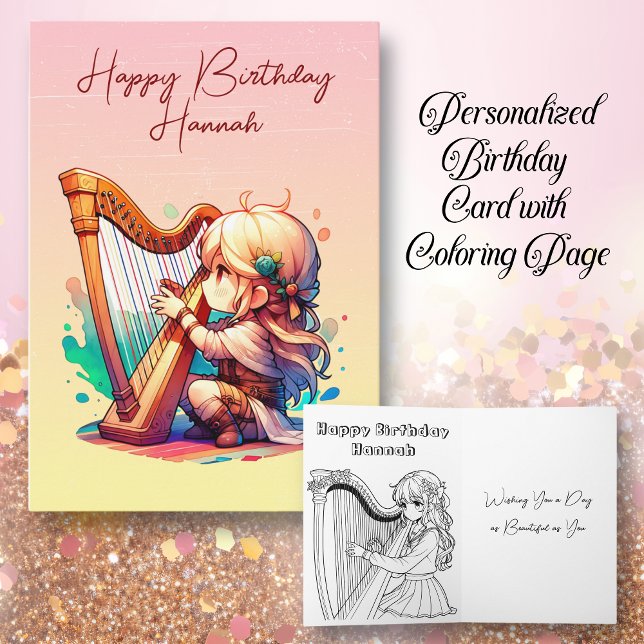Chibi Girl Playing Harp Personalised Birthday Card (Creator Uploaded)