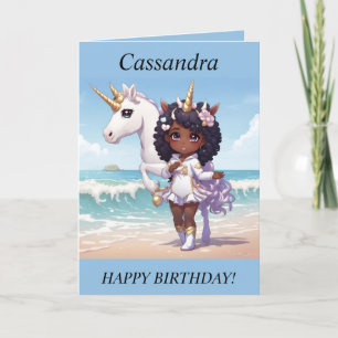 Chibi Girl Unicorn on the beach Birthday Card
