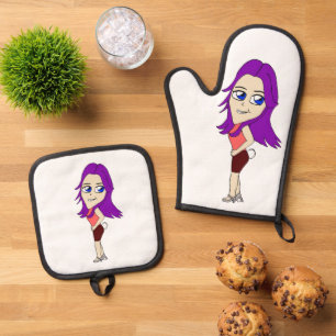 chibi girl with a bunny tail oven mitt & pot holder set
