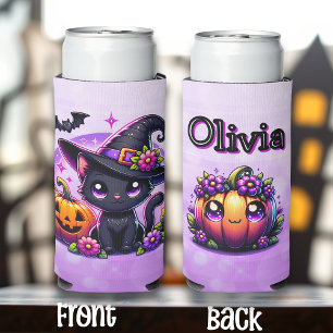 Chibi Halloween Black Cat and Pumpkin Personalised Seltzer Can Cooler