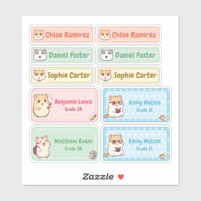 Chibi Hamster Name Labels – Pastel School Stickers (Sheet)
