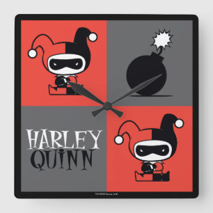 Chibi Harley Quinn Chequered Pattern Square Wall Clock