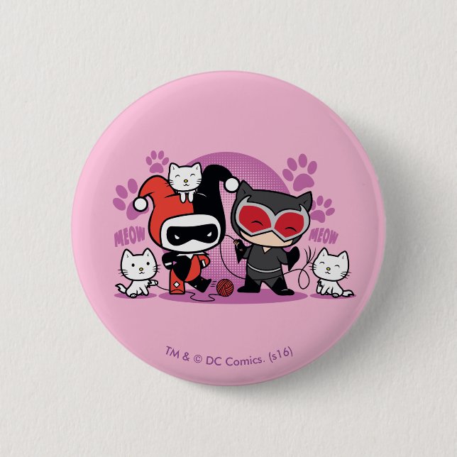 Chibi Harley Quinn & Chibi Catwoman With Cats 6 Cm Round Badge (Front)