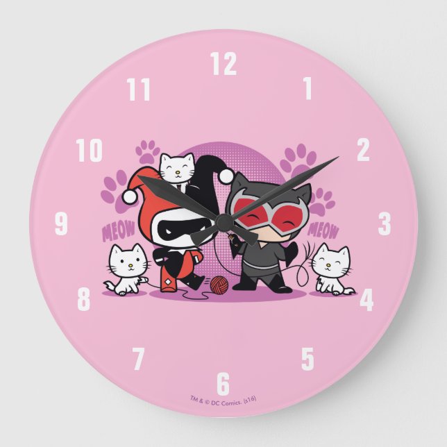 Chibi Harley Quinn & Chibi Catwoman With Cats Large Clock (Front)