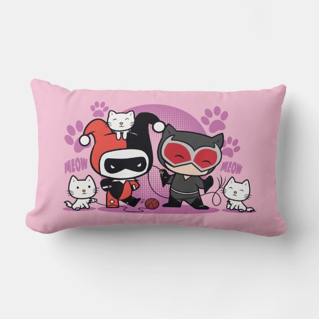Chibi Harley Quinn & Chibi Catwoman With Cats Lumbar Cushion (Front)
