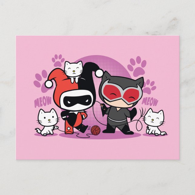Chibi Harley Quinn & Chibi Catwoman With Cats Postcard (Front)