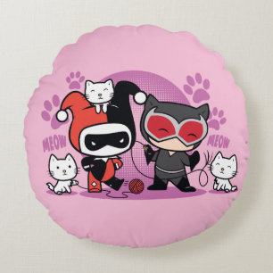 Chibi Harley Quinn & Chibi Catwoman With Cats Round Cushion