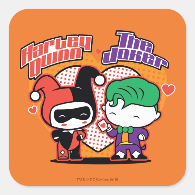 Chibi Harley Quinn & Chibi Joker Hearts Square Sticker (Front)