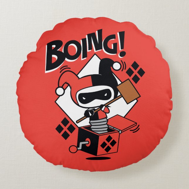 Chibi Harley-Quinn-In-A-Box With Hammer Round Cushion (Front)