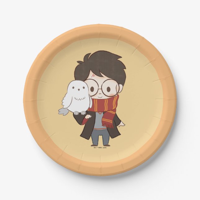 Chibi HARRY POTTER™ & Hedwig Paper Plate (Front)