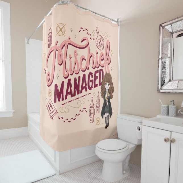 Chibi Hermione "Mischief Managed" Shower Curtain (In Situ)