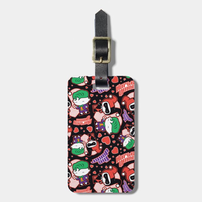 Chibi Joker and Harley Heart Pattern Luggage Tag (Front Vertical)