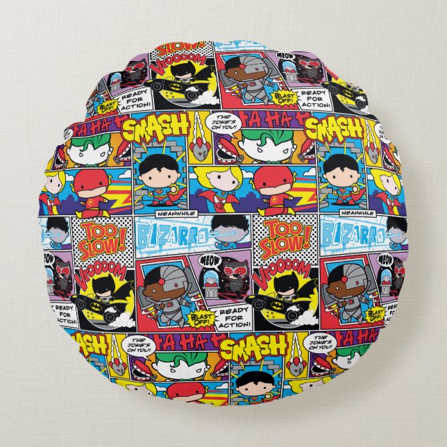 Chibi Justice League Comic Book Pattern Round Cushion (Front)