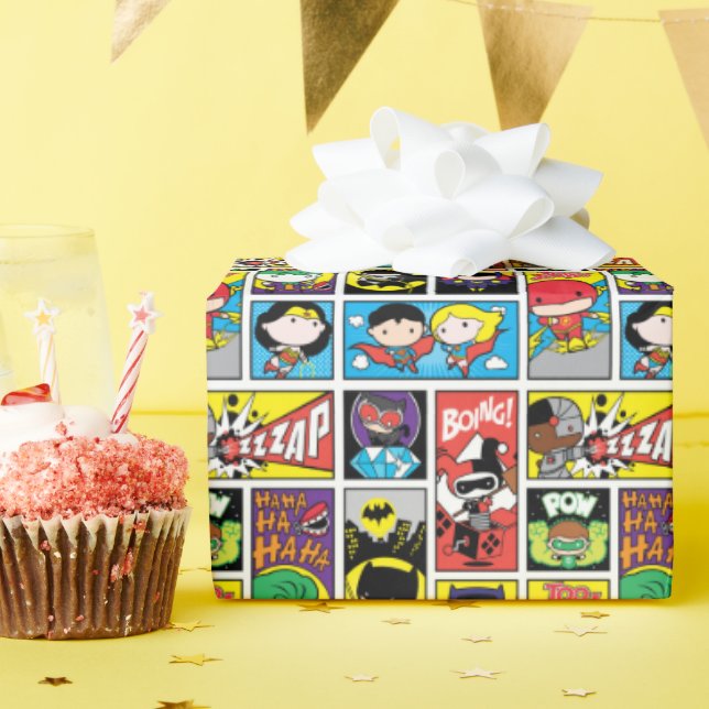 Chibi Justice League Compilation Pattern Wrapping Paper (Birthday Party)