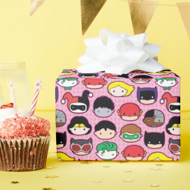 Chibi Justice League Head Pattern Wrapping Paper (Birthday Party)