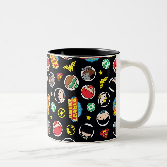 Chibi Justice League Heroes and Logos Pattern Two-Tone Coffee Mug (Right)