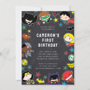 Chibi Justice League Kids Chalkboard Birthday Invitation