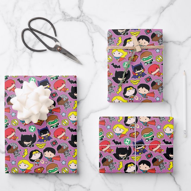 Chibi Justice League Pattern on Purple Wrapping Paper Sheet (Front)