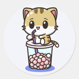 Chibi Kawaii Cat Drinking Bubble Tea Classic Round Sticker