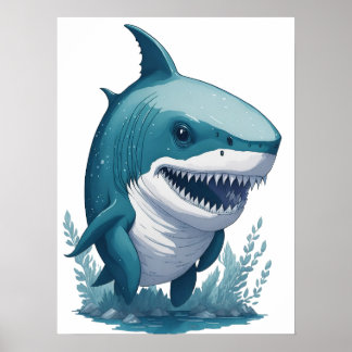 Chibi Kawaii Shark in Watercolor Style Poster