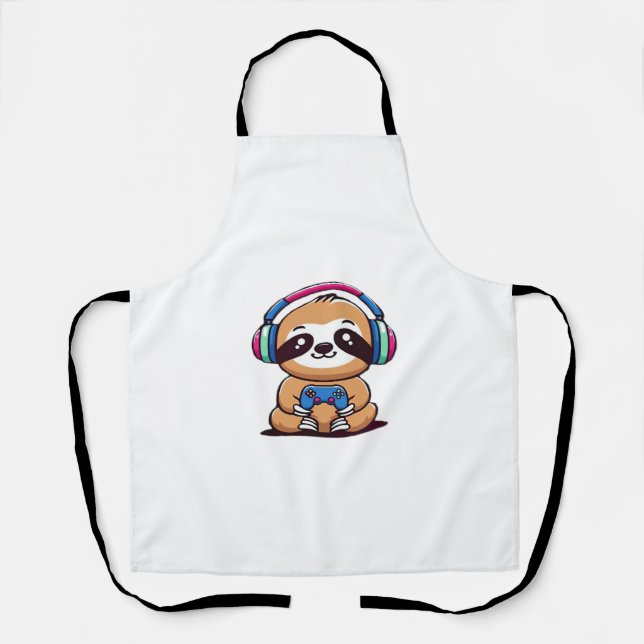 Chibi Kawaii Sloth Gamer – Cute Funny Animal with  Apron (Front)