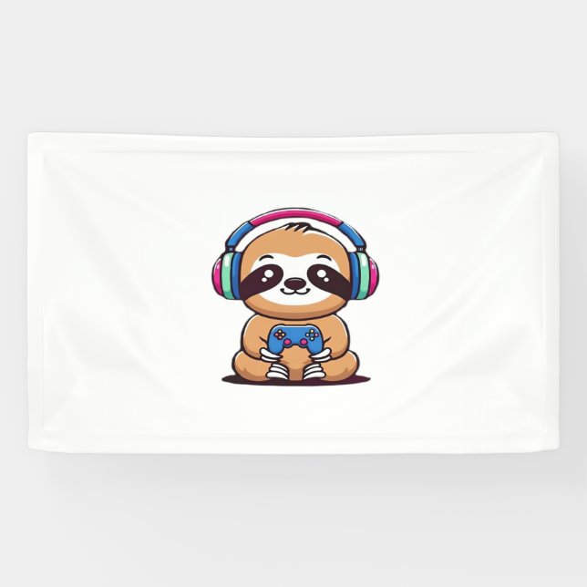 Chibi Kawaii Sloth Gamer – Cute Funny Animal with  Banner (Horizontal)