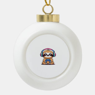 Chibi Kawaii Sloth Gamer – Cute Funny Animal with  Ceramic Ball Christmas Ornament