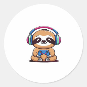 Chibi Kawaii Sloth Gamer – Cute Funny Animal with Classic Round Sticker