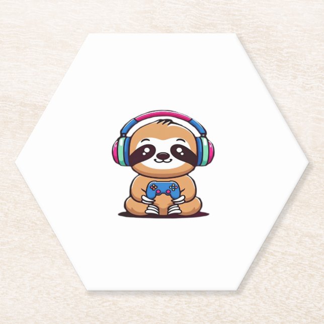 Chibi Kawaii Sloth Gamer – Cute Funny Animal with  Paper Coaster (Front)