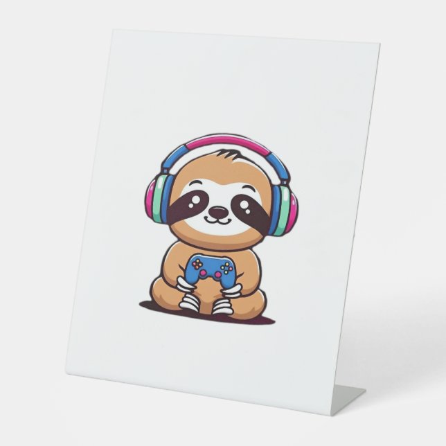Chibi Kawaii Sloth Gamer – Cute Funny Animal with  Pedestal Sign (Front)