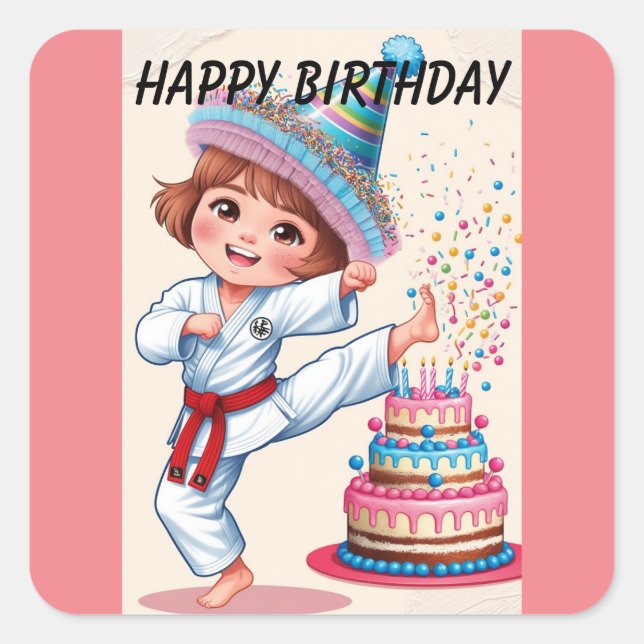 Chibi kicking birthday cake square sticker (Front)