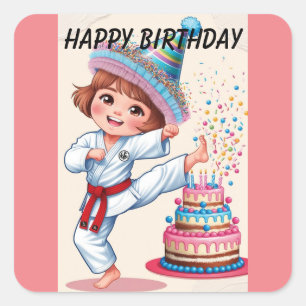 Chibi kicking birthday cake square sticker