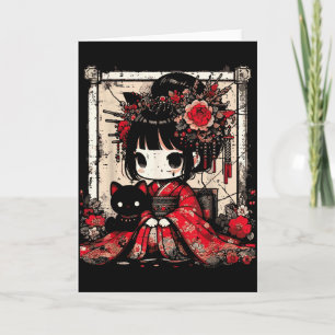 Chibi Kimono Girl Black Cat Flowers Japanese Art W Card