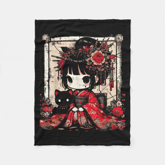 Chibi Kimono Girl Black Cat Flowers Japanese Art W Fleece Blanket (Front)