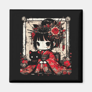 Chibi Kimono Girl Black Cat Flowers Japanese Art W Magnet