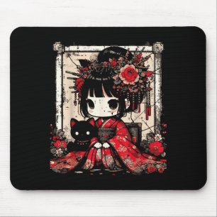 Chibi Kimono Girl Black Cat Flowers Japanese Art W Mouse Mat